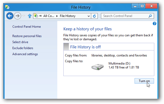 История файлов Включить