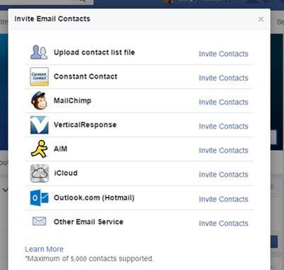 функция импорта контактов электронной почты на странице facebook