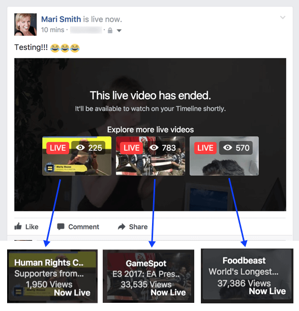 Facebook, похоже, экспериментирует с новой функцией, которая предлагает похожие живые видео после окончания трансляции.