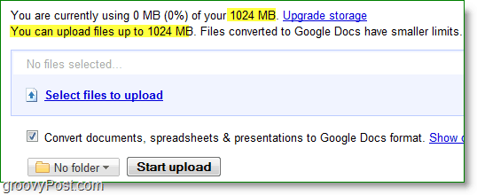 Google Docs новая загрузка что-либо ограничение составляет 1024 МБ или 1 ГБ