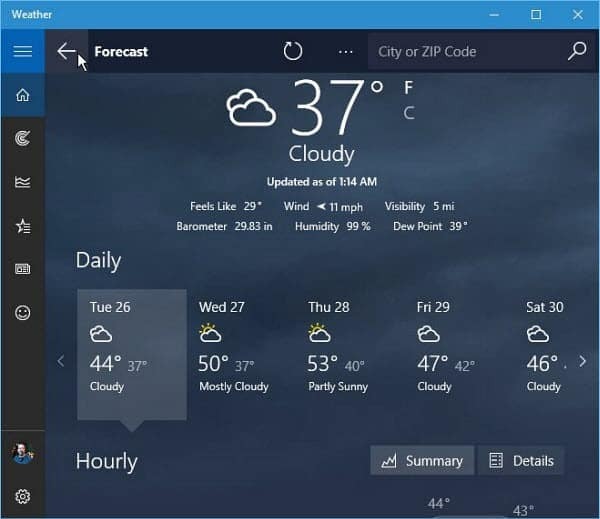Прогноз погоды для Windows 10