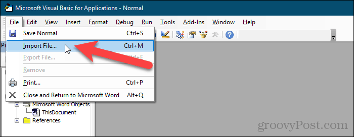 Перейдите в Файл> Импортировать файл в редакторе VBA в Word