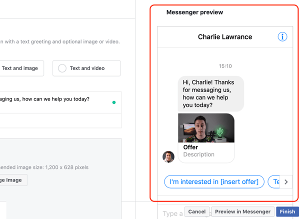 Как настроить таргетинг на горячих лидов с помощью рекламы в Facebook Messenger, шаг 14, предварительный просмотр настраиваемого шаблона назначения для обмена сообщениями