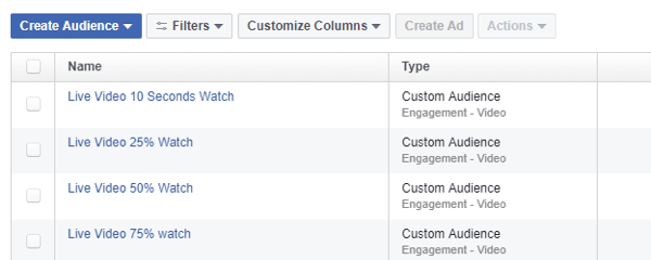 В Facebook Ads Manager используйте инструмент Аудитории, чтобы определить аудиторию ретаргетинга на основе просмотров видео Facebook Live.