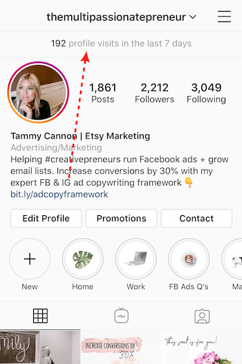 количество посещений профиля, указанных вверху бизнес-профиля Instagram