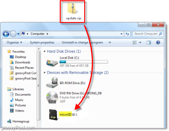Перемещение файла update.zip на диск microsd на вашем компьютере.