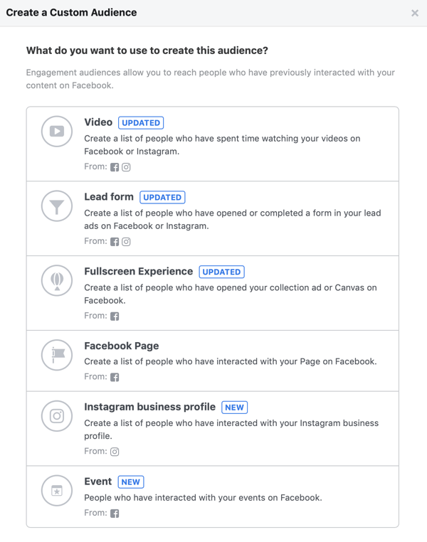 Варианты того, что вы хотите использовать для создания этой аудитории для своей пользовательской аудитории Facebook.