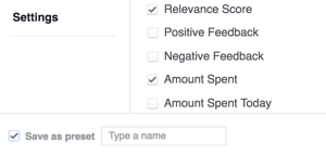 Сохраните настройки результатов Facebook как шаблон.