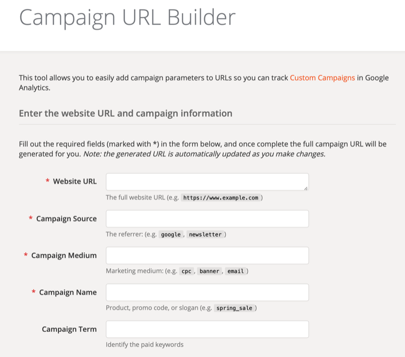 Экран настройки инструмента Google Analytics Campaign URL Builder