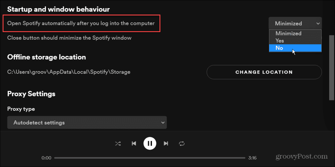 запретить Spotify открываться при запуске