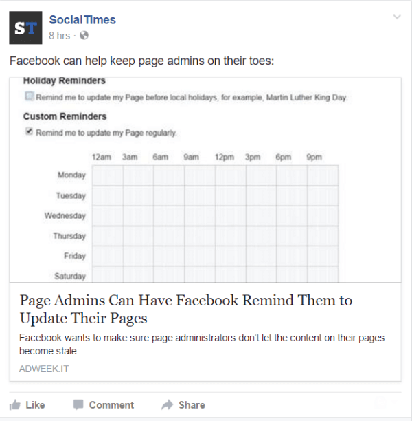 Facebook добавляет возможность устанавливать напоминания для администраторов страниц.