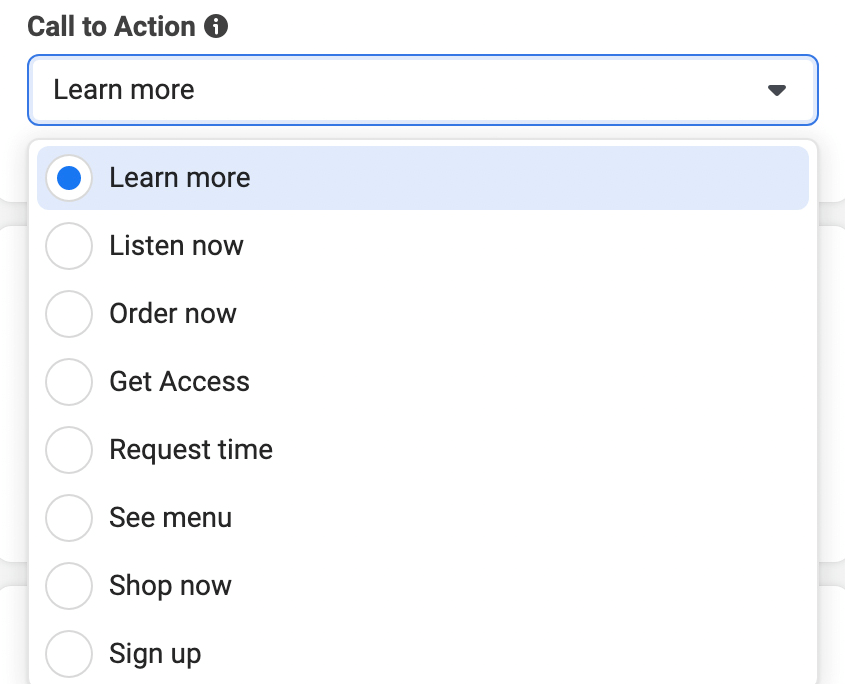 изображение опций кнопки призыва к действию в Meta Ads Manager