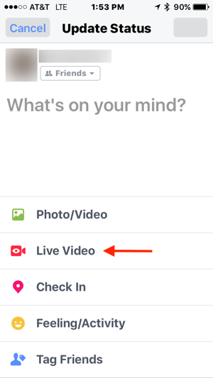 В обновлении статуса Facebook нажмите «Прямое видео».