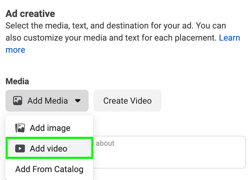 изображение параметра «Добавить видео» во время настройки рекламы в Instagram