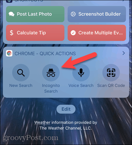 Нажмите "Поиск в режиме инкогнито" в виджете Chrome на iOS.