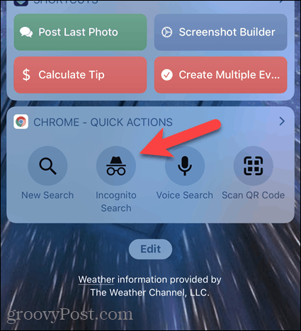 Нажмите Инкогнито Поиск на виджете Chrome на iOS