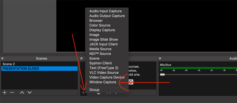 выберите параметр Window Capture в OBS Studio
