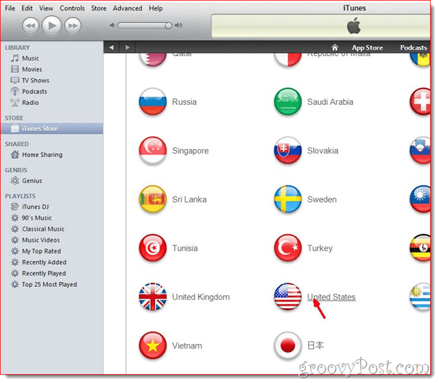 iTunes - нажмите на объединенный государственный флаг