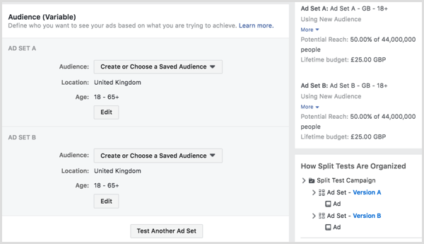 Сплит-тест, запускающий вашу рекламу в Facebook для двух или более аудиторий.