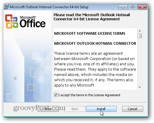 Outlook.com Outlook Hotmail Connector - нажмите «Установить»