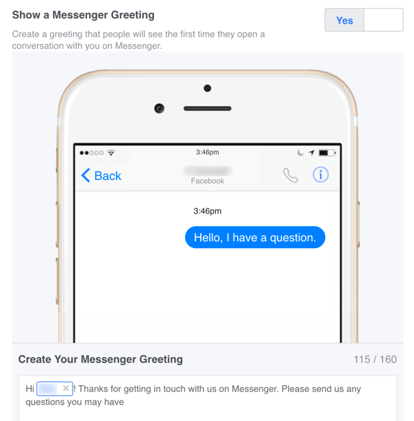Вы можете настроить собственное приветственное сообщение для Facebook Messenger в настройках.