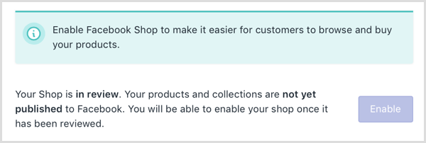 Shopify показывает онлайн-сообщение о том, что ваш магазин Facebook находится на рассмотрении.