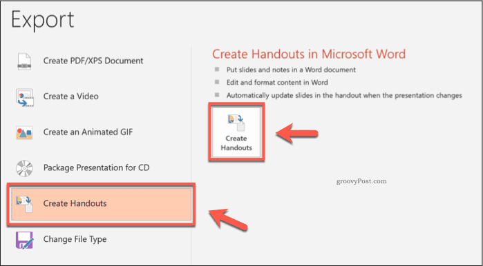 Кнопка «Создать раздаточные материалы» в PowerPoint