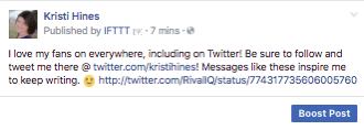 Вот как выглядит понравившийся твит, опубликованный на вашей странице в Facebook через IFTTT.
