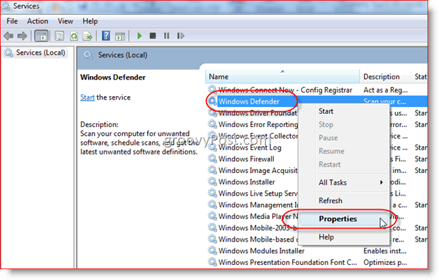 Отключить службу Защитника Windows в Windows Server 2008 или Vista