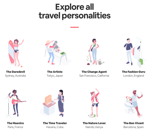Пример страницы всех результатов с результатами, которые пользователь может изучить в викторине Airbnb Travel Matcher.