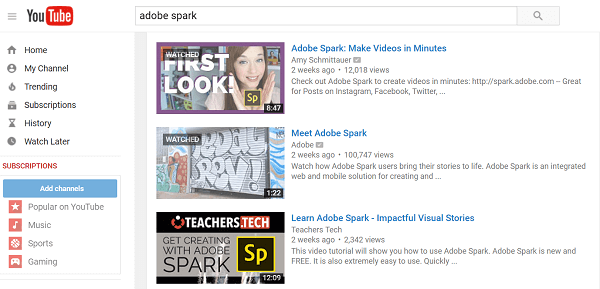 Adobe Spark поиск на YouTube
