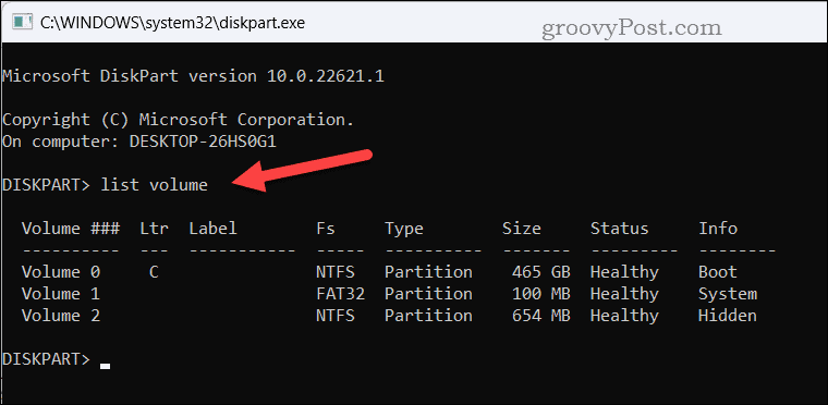 Команда Diskpart list vol
