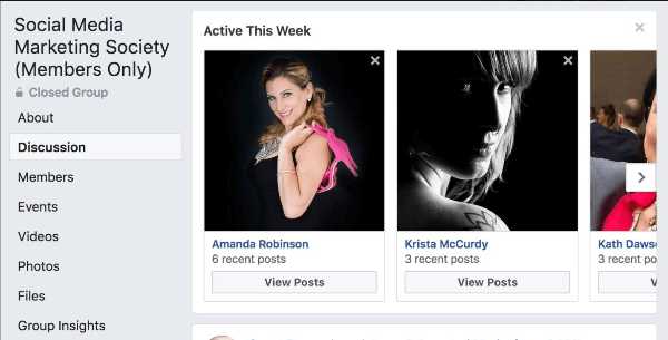 Facebook выделяет, какие участники группы были наиболее активными на этой неделе в группе.