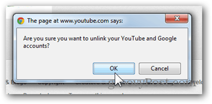 Свяжите учетную запись YouTube с новой учетной записью Google. Нажмите «ОК», чтобы отменить привязку учетной записи.