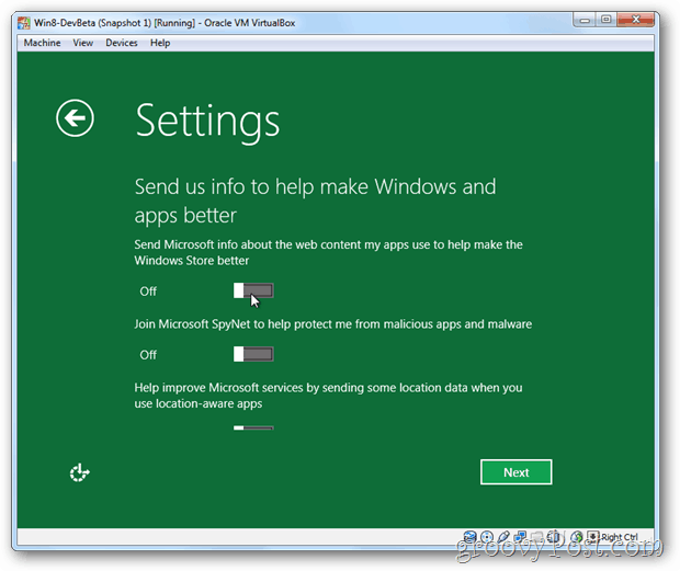 VirtualBox Windows 8 информация о конфиденциальности для Microsoft