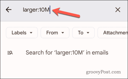 Настройка критериев размера электронного письма в строке поиска Gmail на мобильном устройстве
