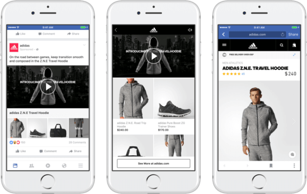 С новым форматом рекламы Facebook, бренды могут показывать основное видео или изображение, что приводит к захватывающему и быстро загружающемуся опыту покупок на Facebook. 