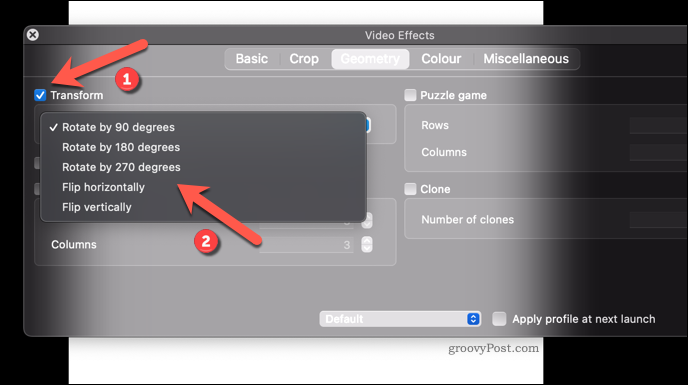 Применение эффекта поворота видео к VLC на Mac