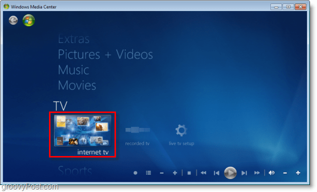 Windows 7 Media Center - нажмите интернет-телевидение