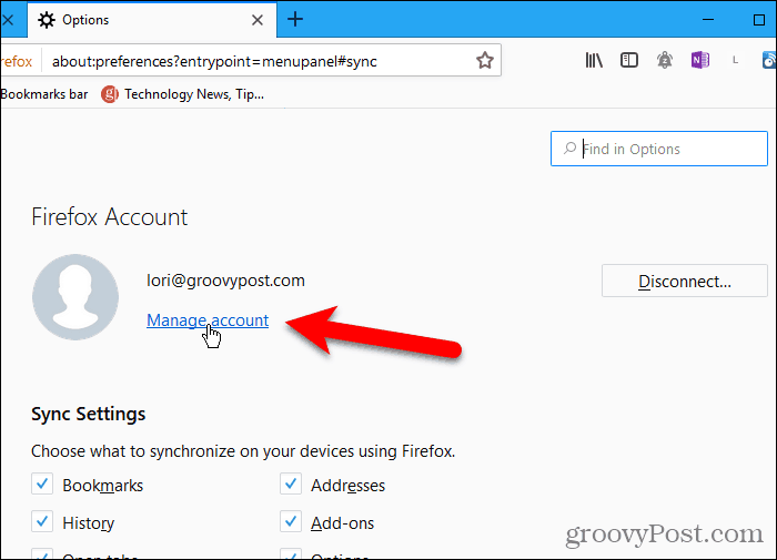 Нажмите Управление учетной записью в Firefox для Windows