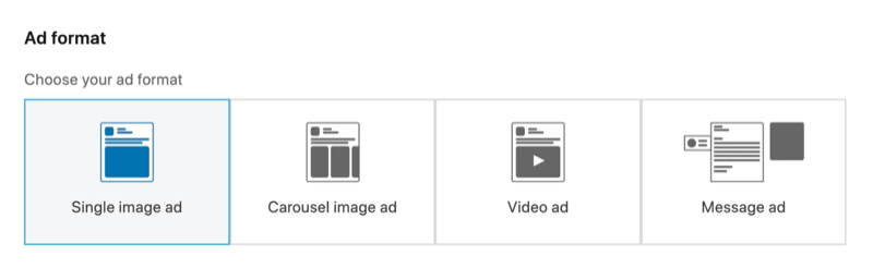 снимок экрана с выбранной опцией Single Image Ad для формата рекламы LinkedIn