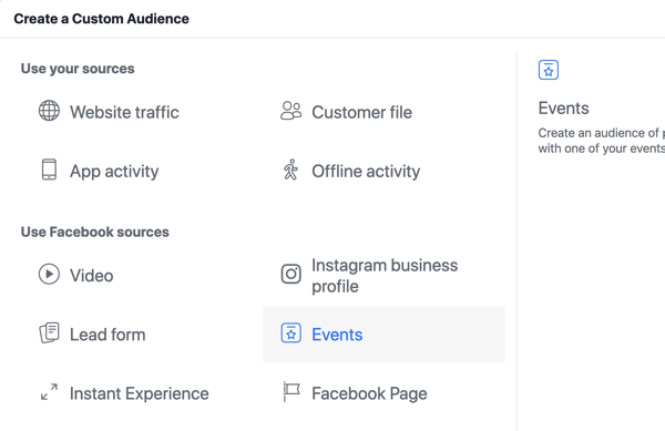 Как продвигать прямую трансляцию на Facebook, шаг 10, создать индивидуальную аудиторию в Facebook Ads Manager на основе просмотров страниц событий