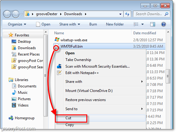 переместить разблокированный bin-файл в новую папку в windows 7, используя cut