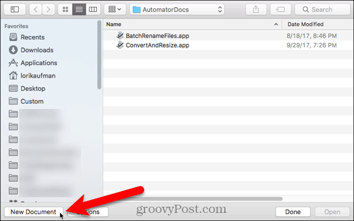 Нажмите Новый документ в Automator на Mac