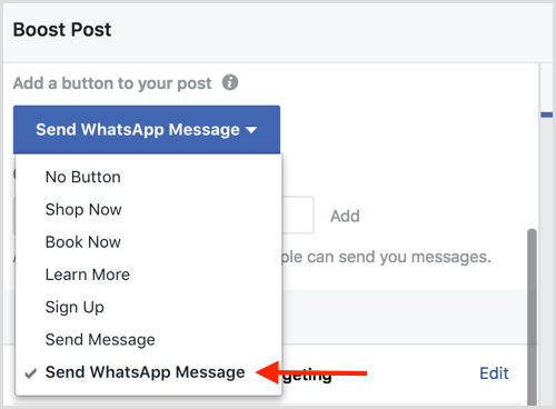 Выберите опцию «Отправить сообщение WhatsApp» при продвижении публикации в Facebook.