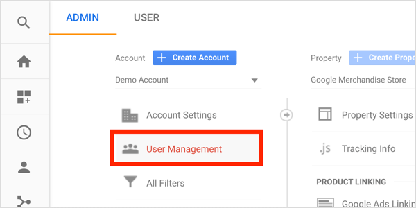 На панели администратора Google Analytics в разделе «Учетная запись» нажмите «Управление пользователями».