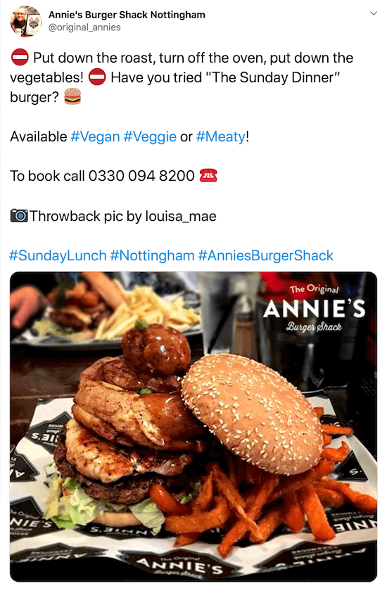 скриншот сообщения в твиттере от @original_annies с изображением бургера и картофеля фри под броским описанием, их номером телефона, кредитом на изображение и хэштегами