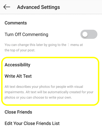 Как добавить альтернативный текст к сообщениям Instagram, шаг 2, параметр доступности публикации Instagram для установки тега alt