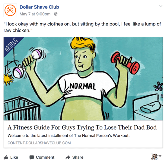 Dollar Shave Club делится актуальным и умным контентом на своей бизнес-странице в Facebook.