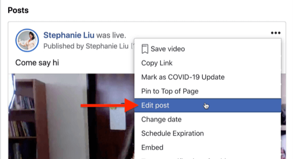 возможность редактировать публикацию прямой трансляции facebook под меню из трех точек в правом верхнем углу записи потока
